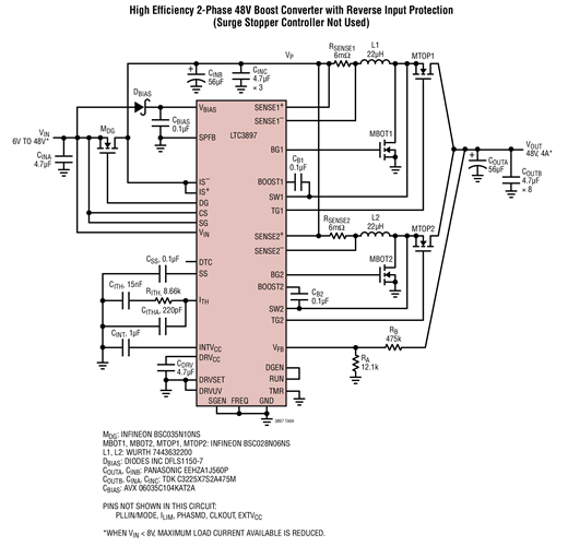 High Efficiency 2-Phase 48V Boost Converter with Reverse Input Protection (Surge Stopper Controller Not Used)