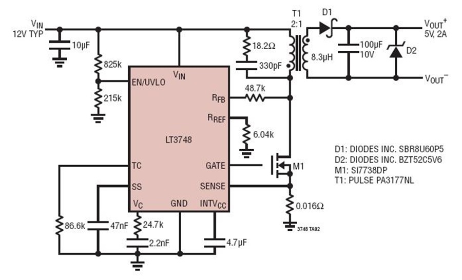 LT3748 5V, 2A Output from Automotive Input with Continuous Operation