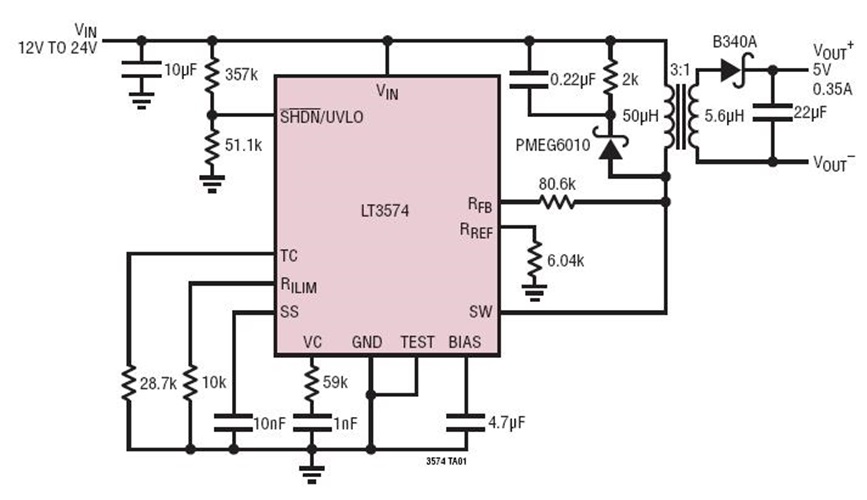12V-24Vin to 5Vout @ 350mA Monolithic Isolated Flyback Converter (No Opto or Third Winding)
