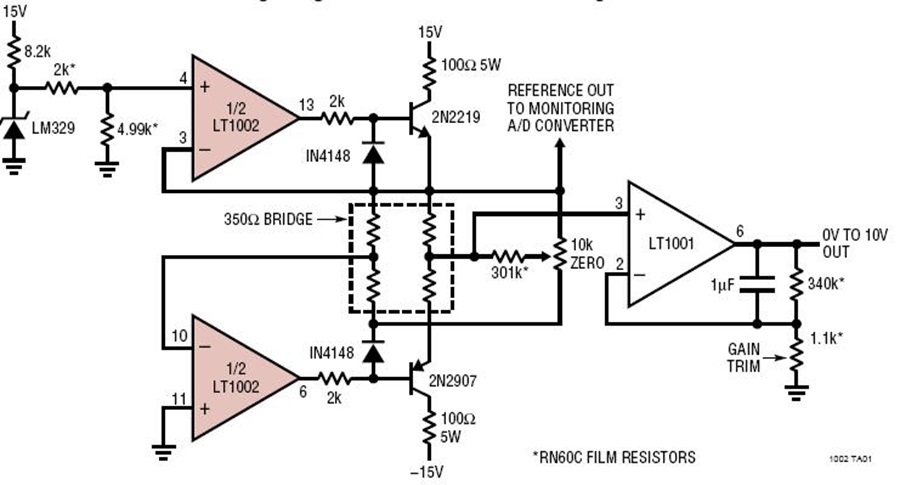 LT1002 Strain Gauge Signal Conditioner with Bridge Excitation Circuit