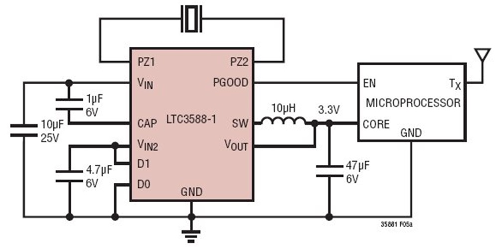 3.3V Piezoelectric Energy Harvester Powering a Microprocessor with a Wireless Transmitter and 50mA Load Step Response