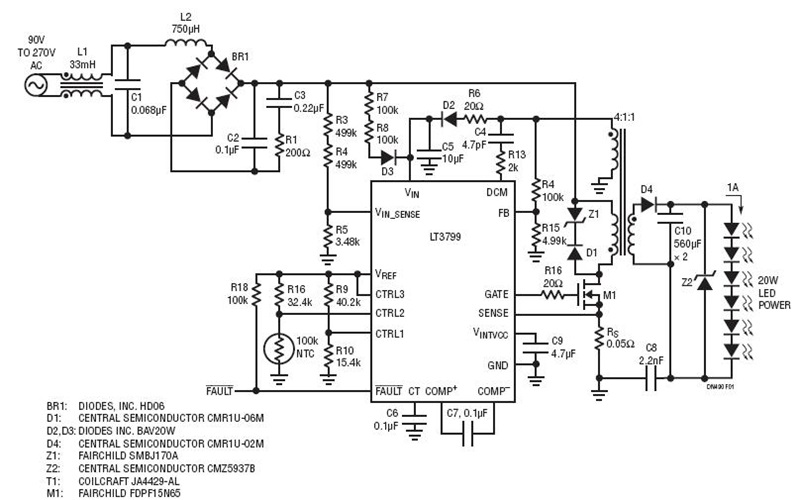 TRIAC Dimmable 20W Offline LED Driver Using the LT3799