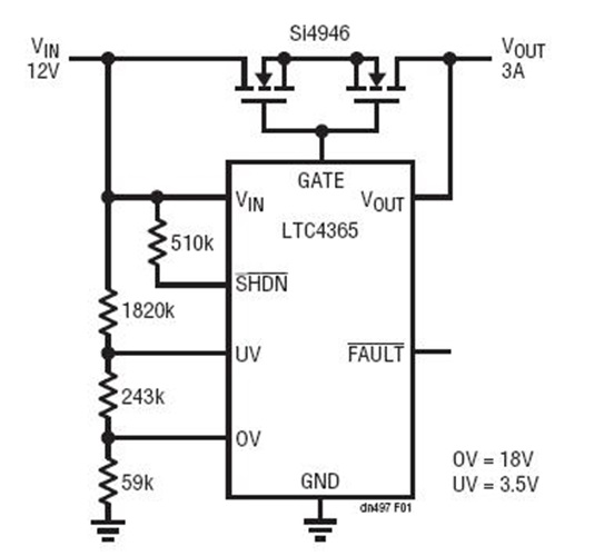 Complete 12V Automotive Undervoltage, Overvoltage and Reverse-Supply Protection Circuit