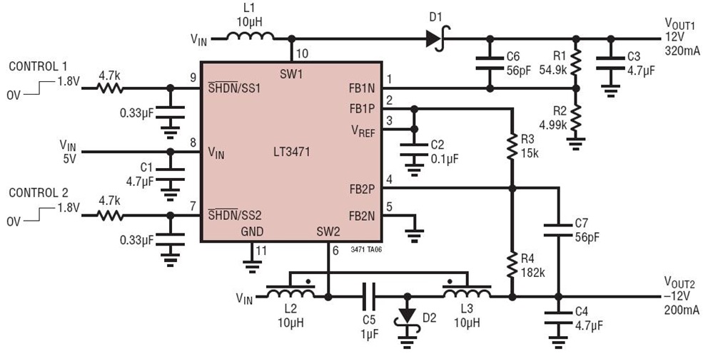 5V to ±12V@320mA Dual Supply Boost/Inverting Converter