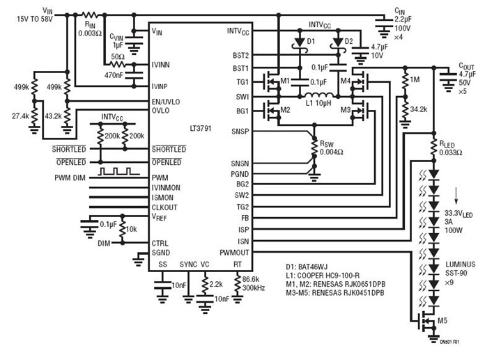 15–58VIN to 33.3V 3A LED Automotive Headlight Driver with Up to 98.5% Efficiency