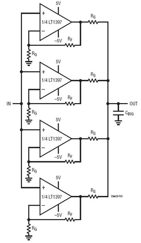 Using All four Amplifiers of the LT1397 to Drive Large zCapacitive Loads