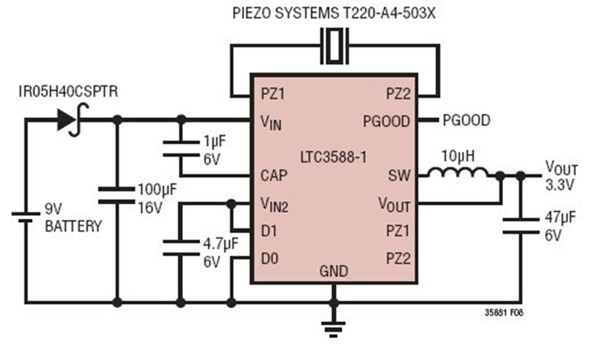 3.3V Piezo Energy Harvester with 9V Battery Backup