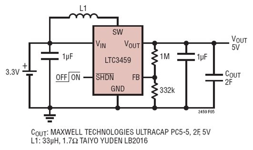 Two Farad, 5V SuperCap charger from a 3.3V input