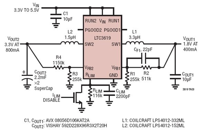 3.3V to 5.5V input (475mA max or disable) charging a 4.4mF super cap (3.3V at 800mA) and providing 1.8V at 400mA 