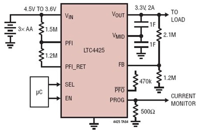 3 x AA Alkaline to High Peak Power 3.3V at 2A Using Two Supercapacitors