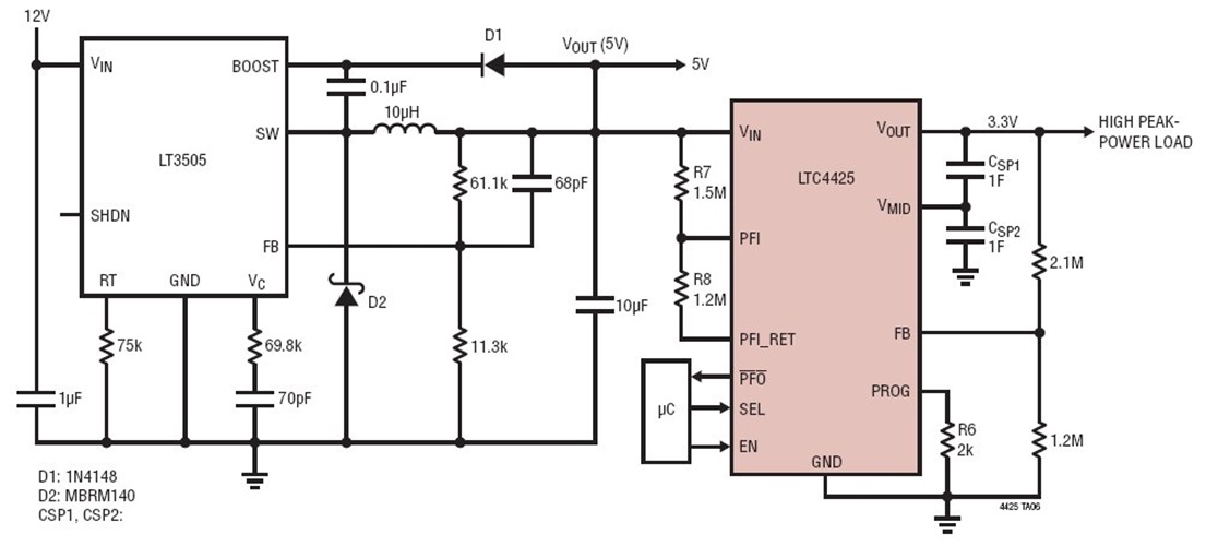 12V to 5V/3.3V High Peak Power Supply using Two Supercapacitors
