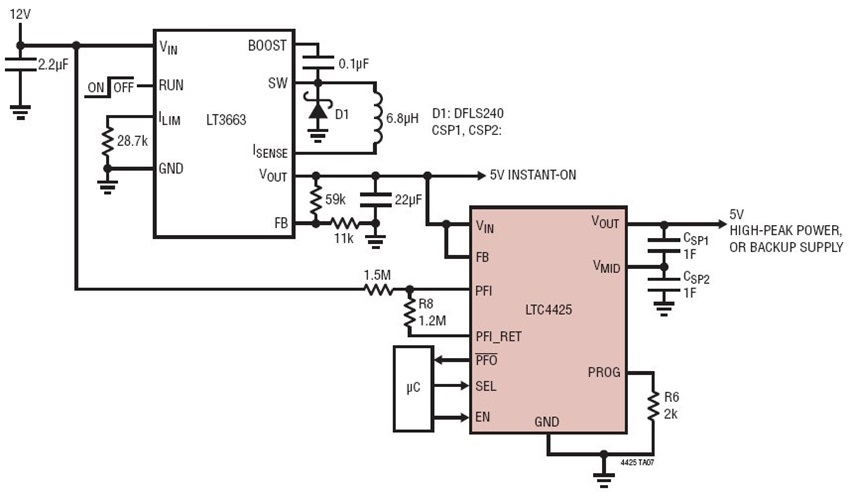 12V Input to 5V Outputs High Peak-Power & Backup Supply using Two Supercapacitors with Input Voltage Monitoring