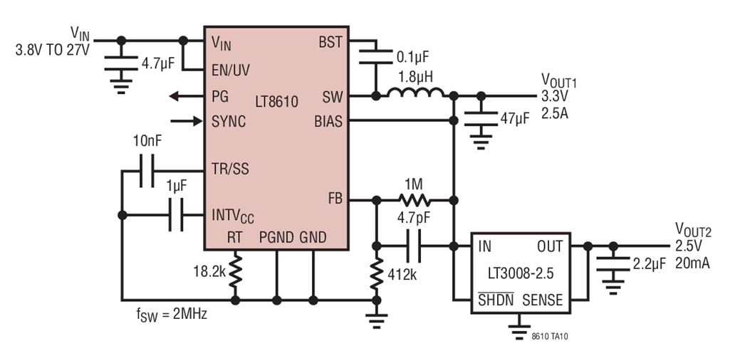 Ultralow IQ 2.5V, 3.3V Step-Down with LDO