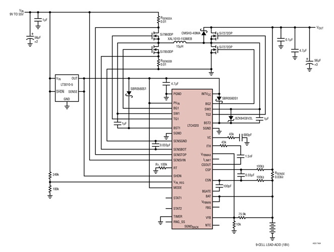 9V to 55V to 9-cell lead-acid (18V) charger/system supply with no PowerPath. External 5V regulator for boosted supplies. 5A inductor current limit with 1.67A battery charge current limit. 21.5V absorption voltage output, 19.9V float voltage output.