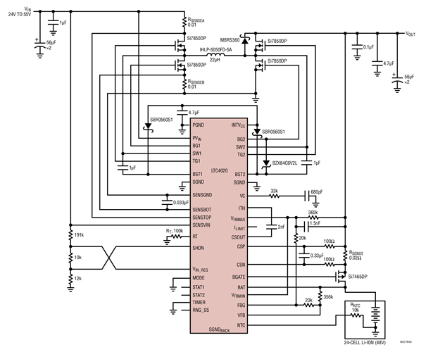 Remote 24V to 55V (48V system) input to 24-cell Li-Ion (48V) PowerPath charger/system supply. 5A inductor current limit with 2.5A battery charge current limit. Minimum VIN is 24V as input regulation limits voltage loss due to line impedance. Battery termi