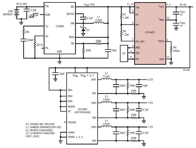 Embedded Automotive (6V to 36V Input) to 5V/3.3V/1.8V/1.2V Output Peak-Power Controller using Two Supercapacitors