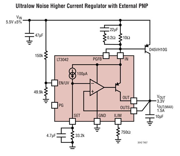 Ultralow Noise Higher Current Regulator with External NPN