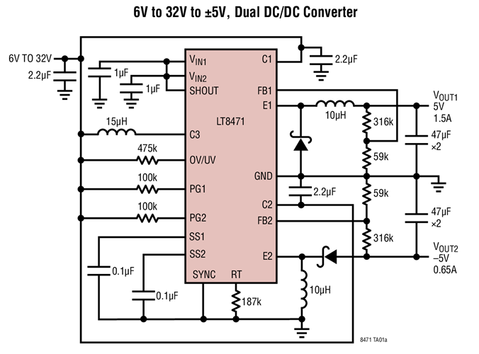 6V to 32V to ±5V, Dual DC/DC Converter