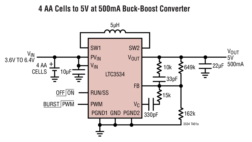 4 AA Cells to 5V at 500mA Buck-Boost Converter