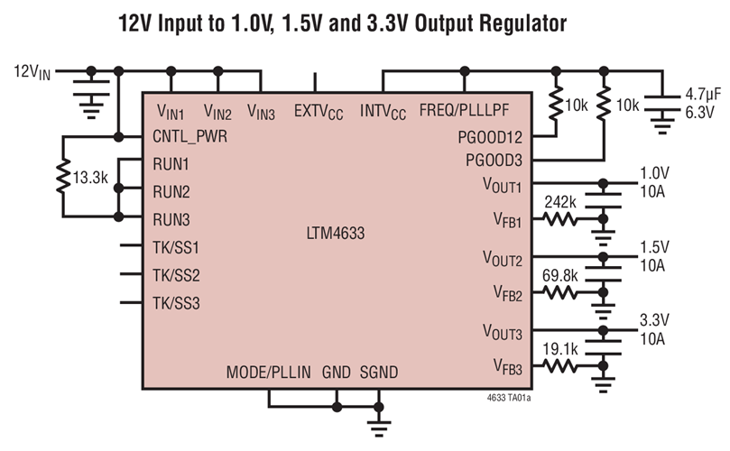 12V Input to 1.0V, 1.5V and 3.3V Output Regulator