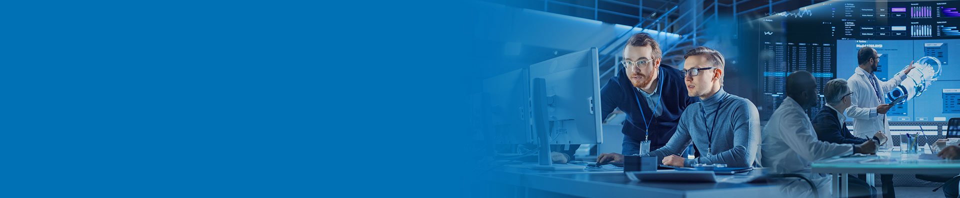 Team of professionals collaborating in a high-tech office environment, with digital screens and data visualizations in the background.