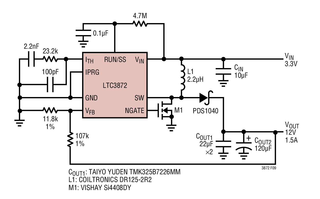LTC3872 High Efficiency 3.3V Input, 12V Output Boost Converter Circuit