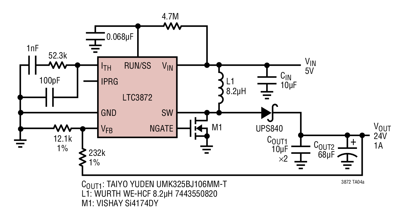 LTC3872 High Efficiency 5V Input, 24V Output Boost