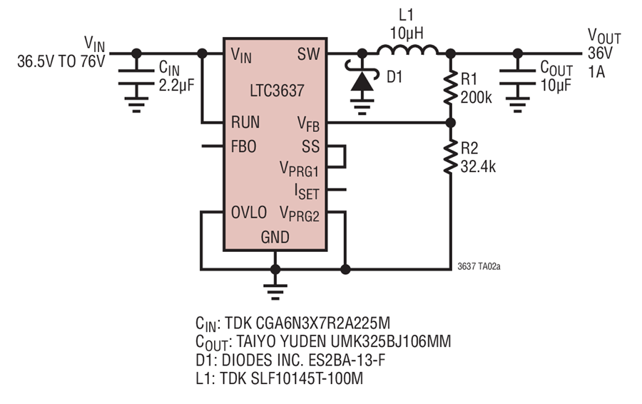 LTC3637 36.5V to 76V Input to 36V Output, 1A Regulator Circuit ...