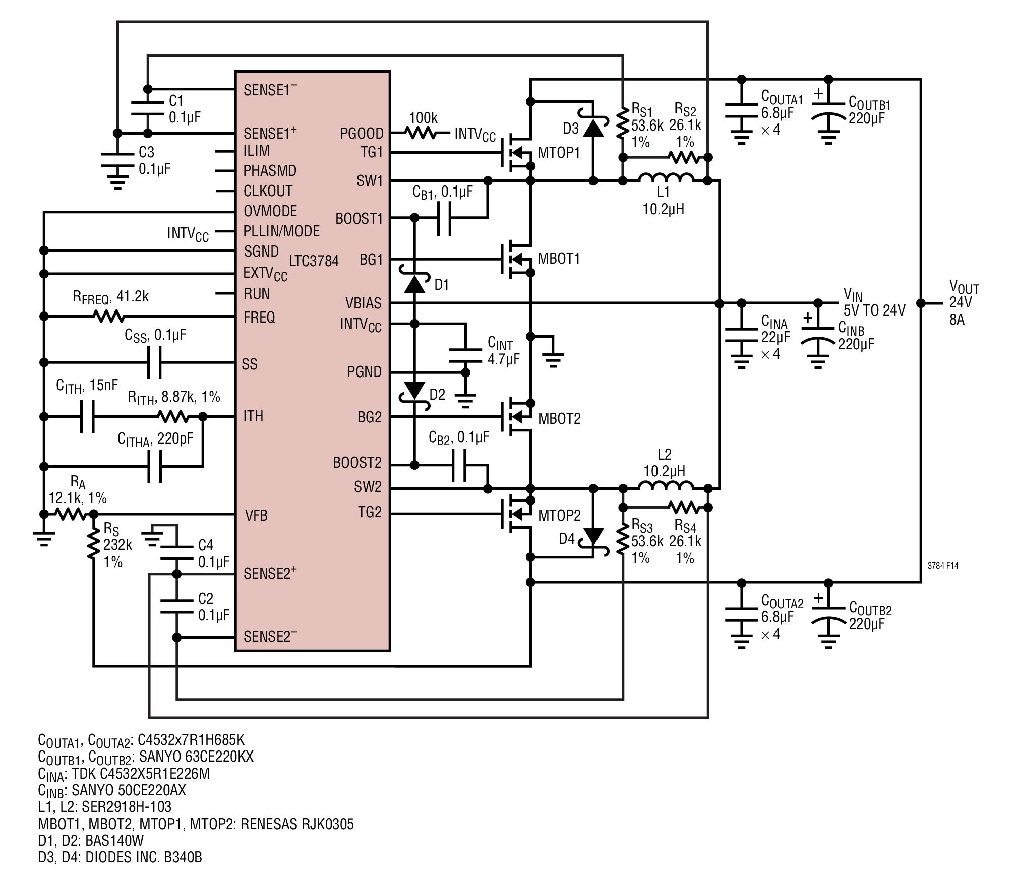 LTC3784 High Efficiency 2Phase 24V, 8A Boost Converter with Inductor DCR Current Sensing