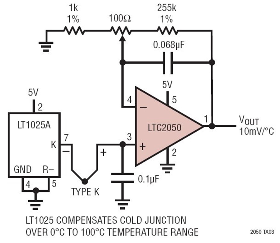 Single Supply Type K Thermocouple Signal Conditioning Amplifier with