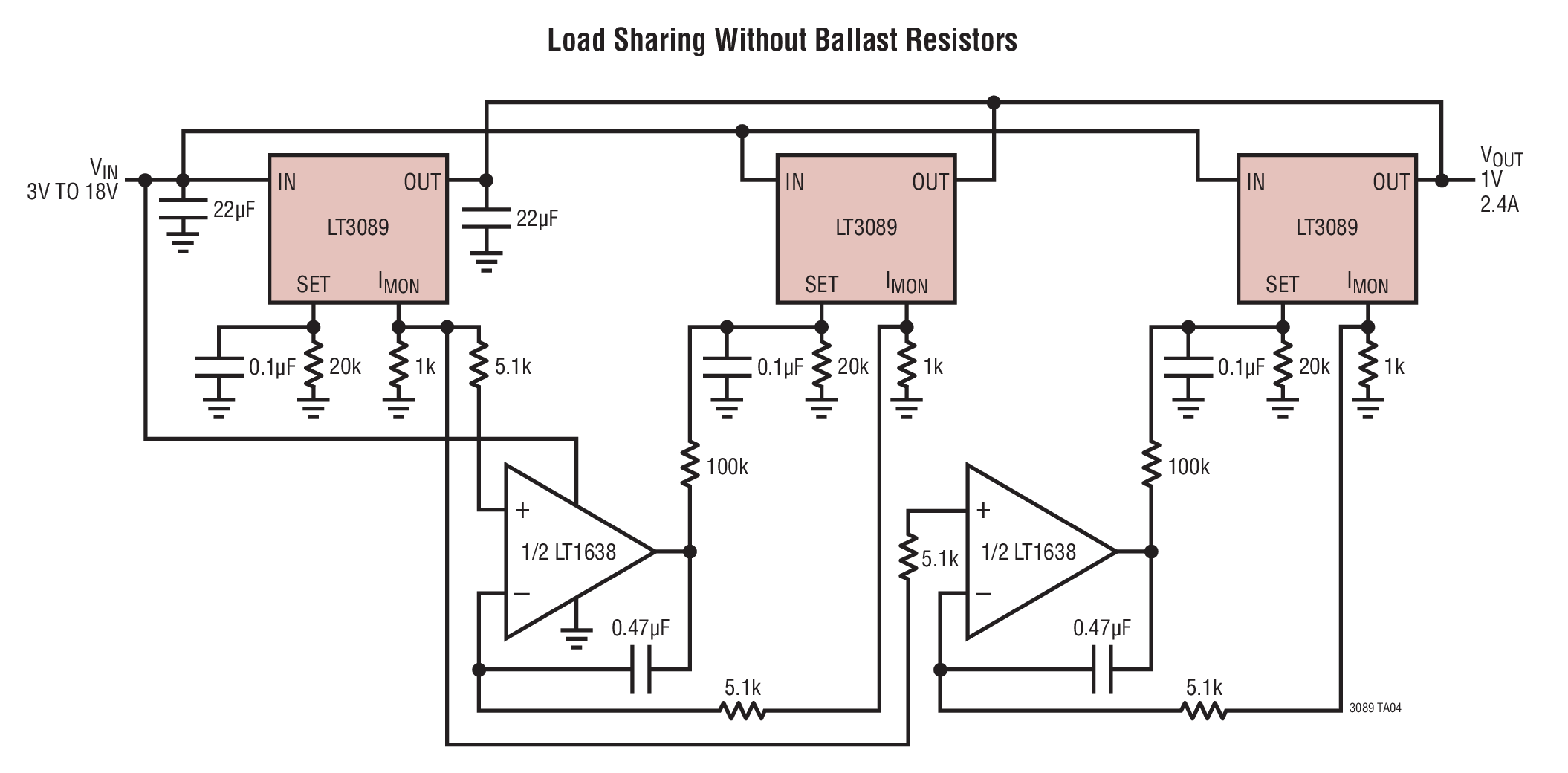 LT3089 Load Sharing Without Ballast Resistors Circuit Collection