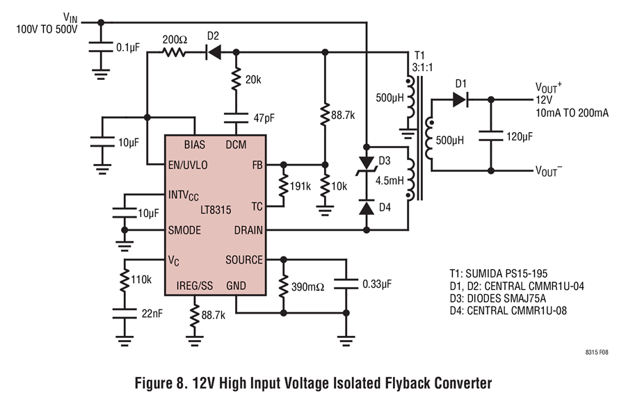 LT8315 12V High Input Voltage Isolated Flyback Converter Circuit