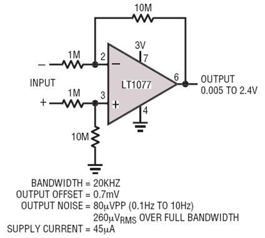 Megaohm Input Impedance Gain of 10 Difference Amplifier Circuit