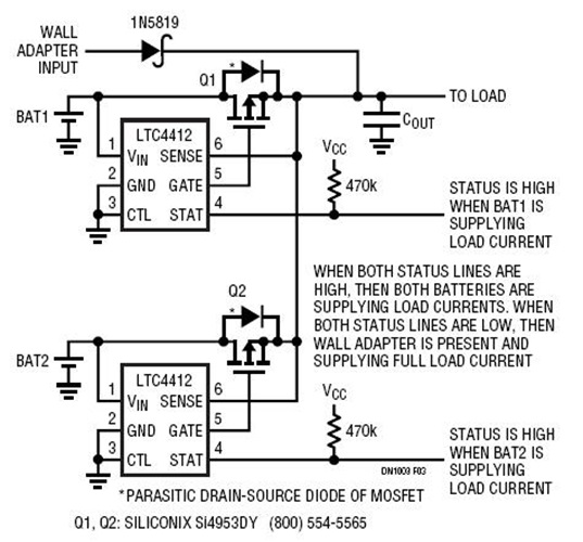 Dual Battery Load Sharing with Automatic Switchover of Power from Batteries to Wall Adapter