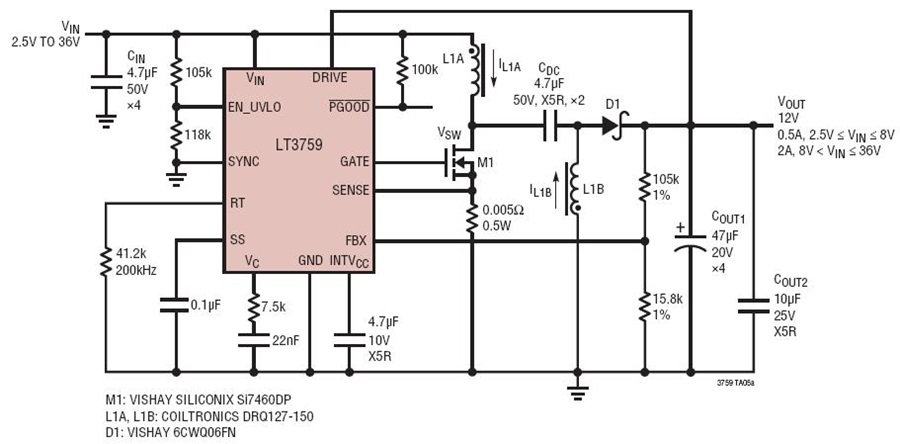 LT3759 2.5V to 36V Input, 12V/1A Output SEPIC Converter (Automotive 12V