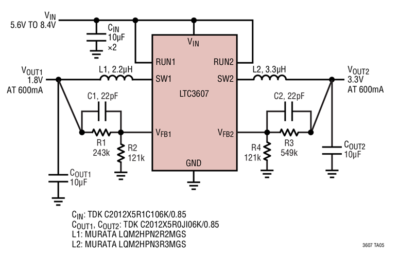 LTC3607 1mm Height, 1.8V/3.3V 600mA Buck Regulator Using Chip Inductors