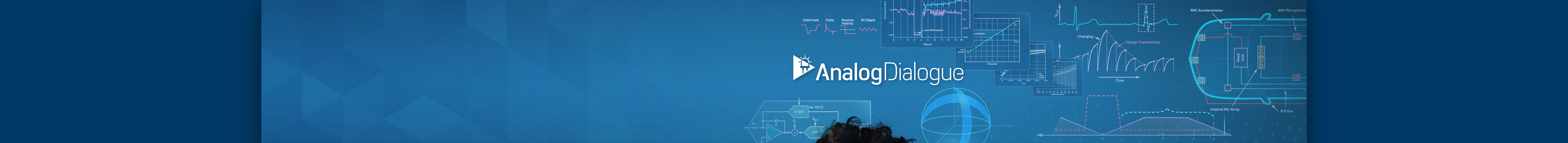 Analog Dialogue logo surrounded by stylized technical diagrams