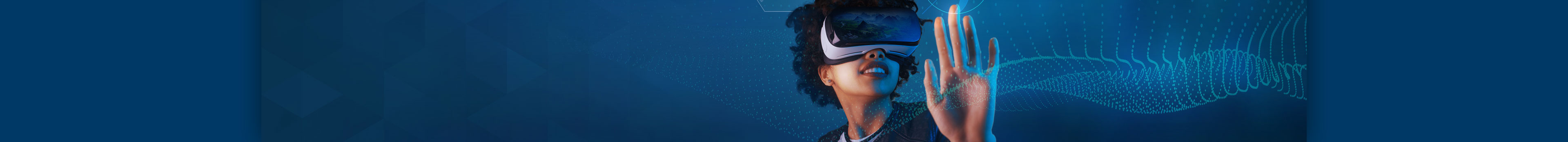 Girl wearing VR goggles traveling through a virtual world of mountains