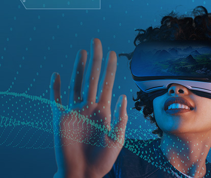 Girl wearing VR goggles traveling through a virtual world of mountains