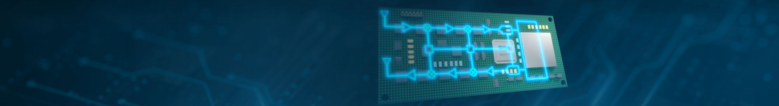 Apollo MxFE circuit board with a signal chain superimposed showing component functions.