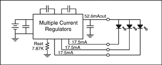 Figure 4. White LEDs are commonly powered in four different ways: (a) a voltage source and ballast resistors, (b) a current source and ballast resistors, (c) multiple current sources, and (d) a current source with the LEDs in a series connection.