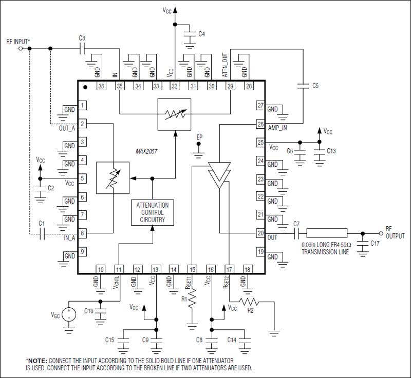 MAX2057 1300MHz to 2700MHz VariableGain Amplifier with Analog Gain