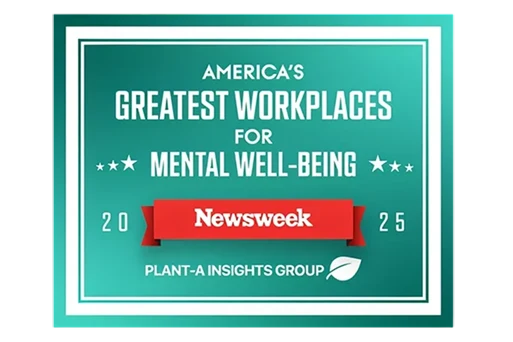 Newsweek badge for “America’s Greatest Workplaces for Mental Well Being 2025.”