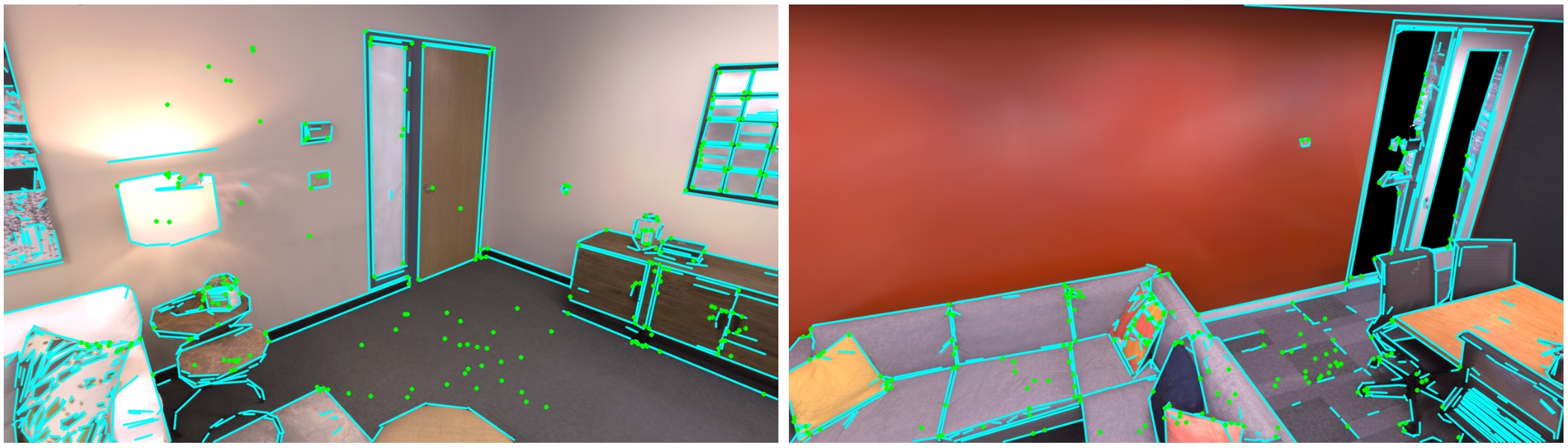 Figure 4 Line features (cyan) and point features (green) on Replica room and office scenes.