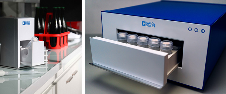 Analog Devices lab equipment with sample tubes and vials.