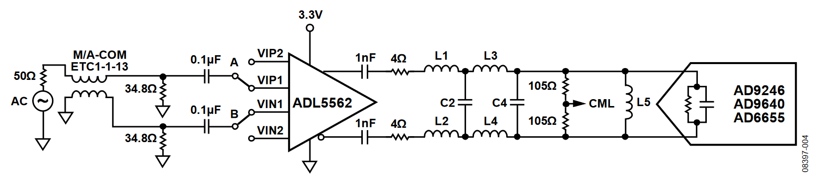 Figure 4. Narrow-Band IF Sampling Solution for Unbuffered Switched Capacitor ADC Inputs (Simplified Schematic: Decoupling and All Connections Not Shown).