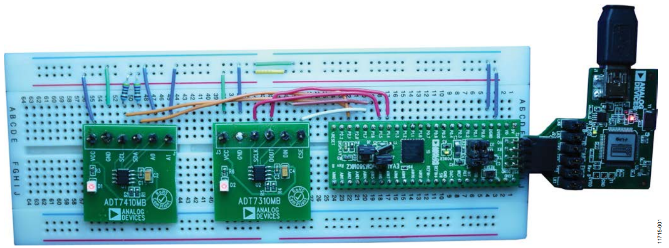 Figure 1. EVAL-ADuCM360QSPZ Connected to EVAL-ADT7X10EBZ.