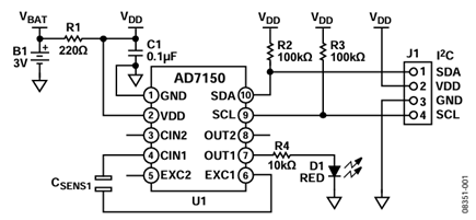 Figure 1. AD7150 as a proximity detector in standalone operation.