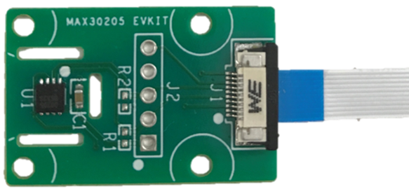 Figure 2. Shows the blue tab of the flex cable facing up in the connector. Figure 2. Shows the blue tab of the flex cable facing up in the connector.