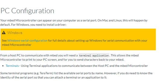 Figure 5. Displays PC Configuration section of the MAX32630FTHR Mbed landing page. Figure 5. Displays PC Configuration section of the MAX32630FTHR Mbed landing page.